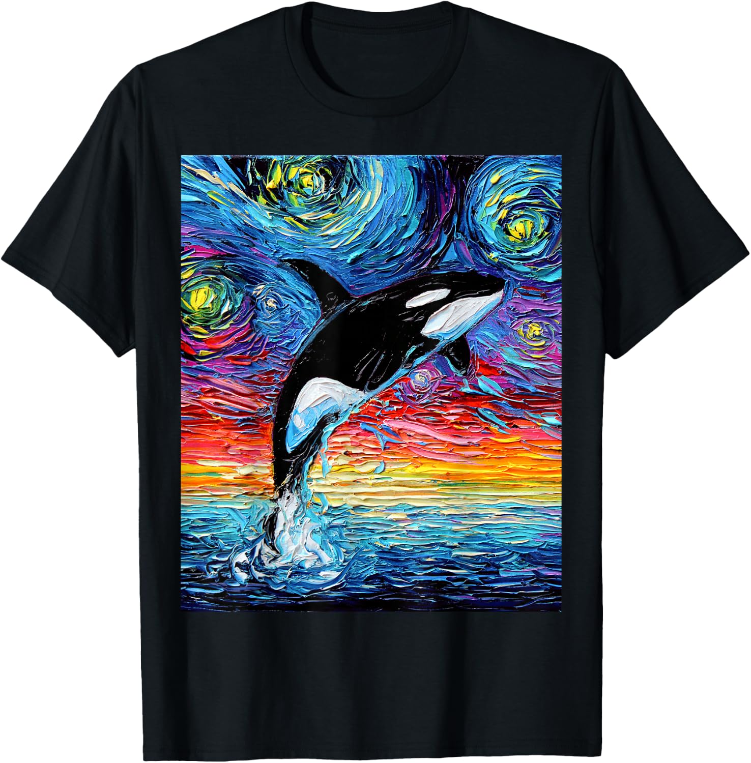 Orca Killer Whale Starry Night Colorful Ocean Art by Aja T-Shirt - T-Shirt | Black