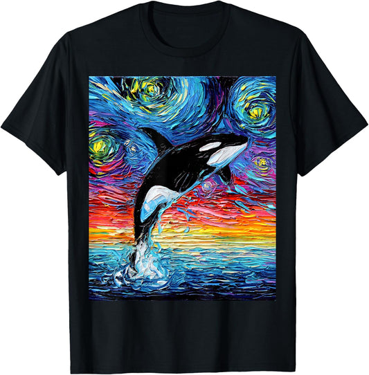 Orca Killer Whale Starry Night Colorful Ocean Art by Aja T-Shirt - T-Shirt | Black