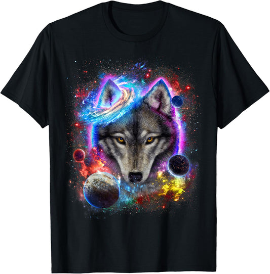 Cosmic Wolf Surrounded by Planet and Stars in Galactic Scene T-Shirt - T-Shirt | Black