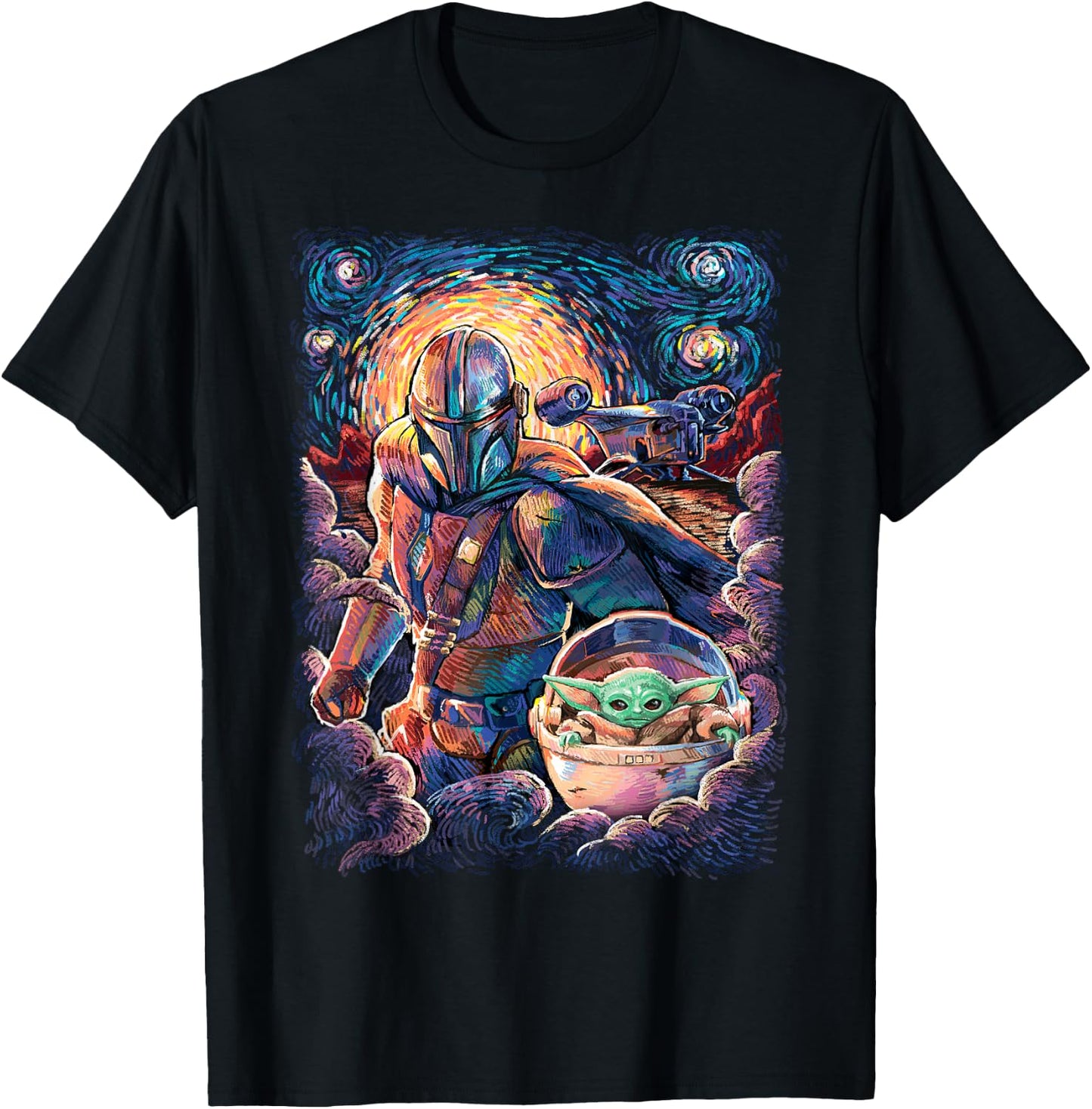 Star Wars The Mandalorian & The Child Starry Night Style T-Shirt - T-Shirt | Black