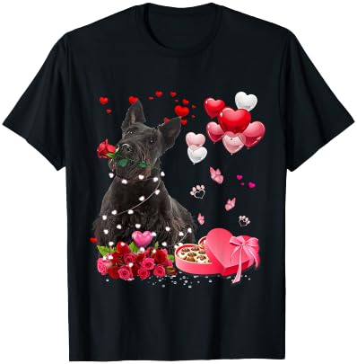 Funny Scottish Terrier Rose Heart Happy Valentine Day Dog T-Shirt - T-Shirt | Black