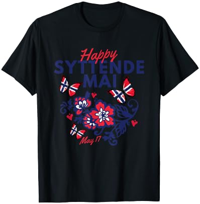Happy Syttende Mai 17 May Norway Rosemaling Butterflies Flag T-Shirt - T-Shirt | Black