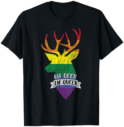 Vintage Rainbow Oh Deer I'm Queer Pride Lesbian Gay LGBTQ T-Shirt - T-Shirt | Black